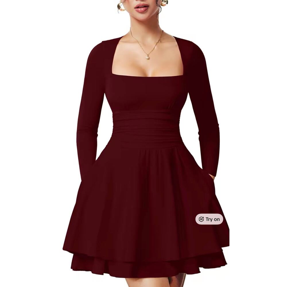 OYS Square Neck Ruffle Hem Mini Dress Ruched Waist Long Sleeve Corset S NWT